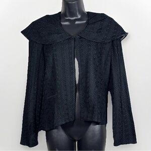 Ming Wang L Cardigan Jacket Black textured Pointelle acrylic pleated collar
